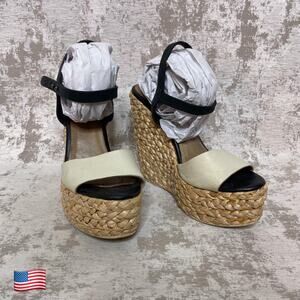 L'Agence Leather & Straw Wedge Sandals in Beige & Black